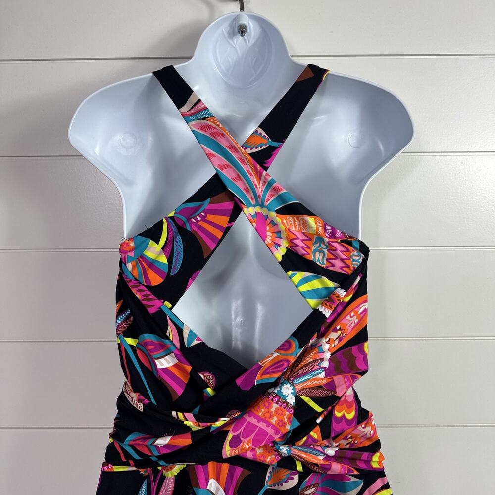 Trina Turk Luminary Cross Back V-Neck One Piece Swimsuit Black Floral sz 12 - Picture 6 of 9